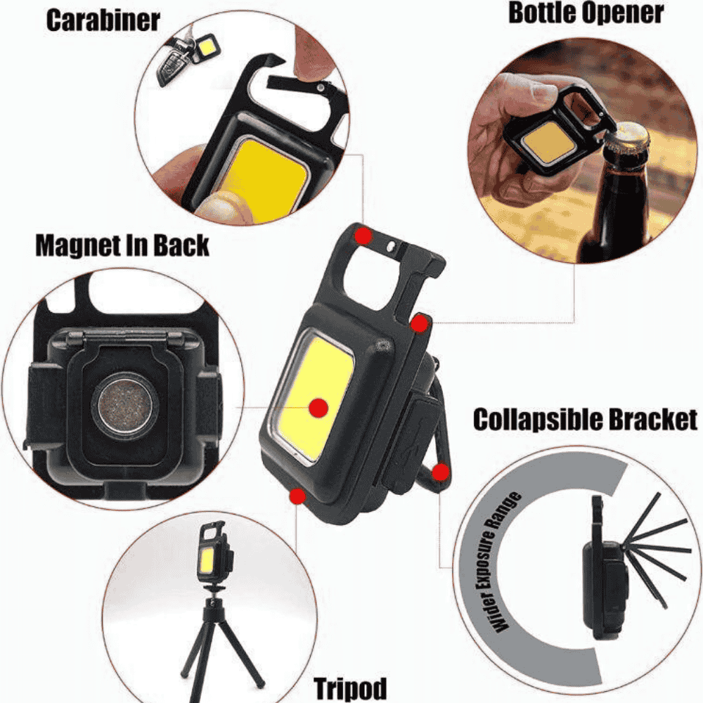 Features include USB charging, multiple modes, portability