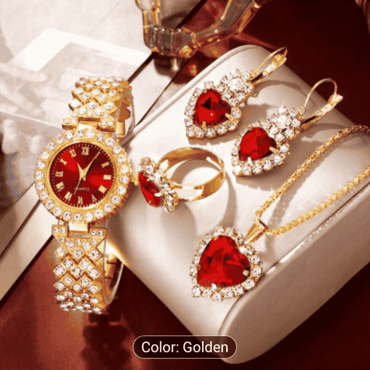 Full front view of chain watch with locket and earrings combo
