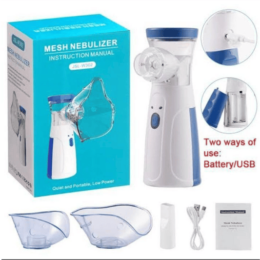Mesh Nebulizer with packaging, attachments, and usage instructions.