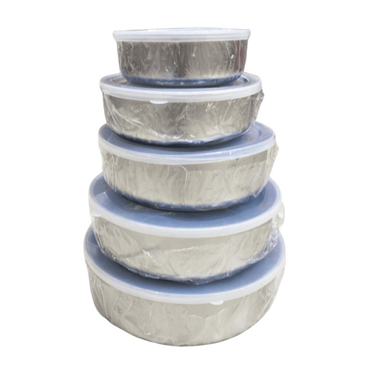 Set of five nested metal bowls with plastic lids on a white background