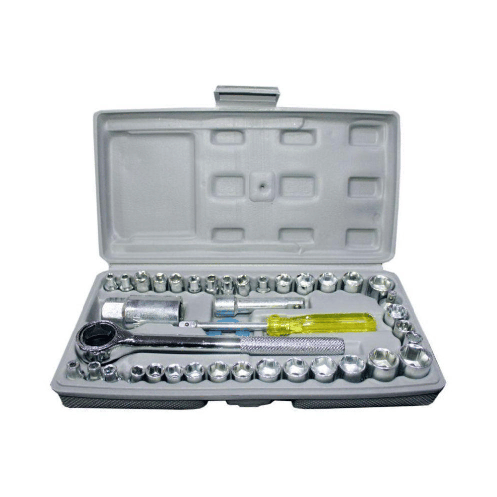 Open tool kit with various tools inside on a white background