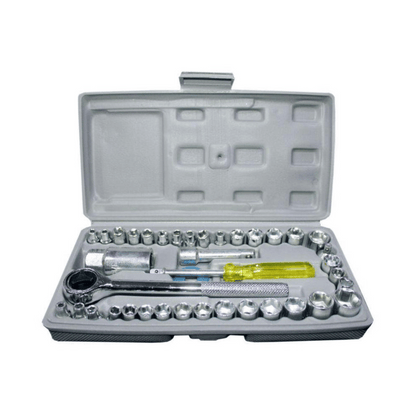Open tool kit with various tools inside on a white background