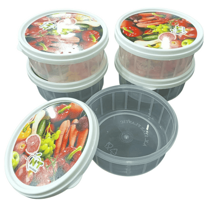 Set of food storage containers with lids featuring vegetable graphics on a white background