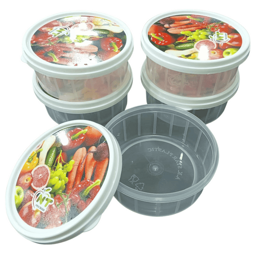 Set of food storage containers with lids featuring vegetable graphics on a white background
