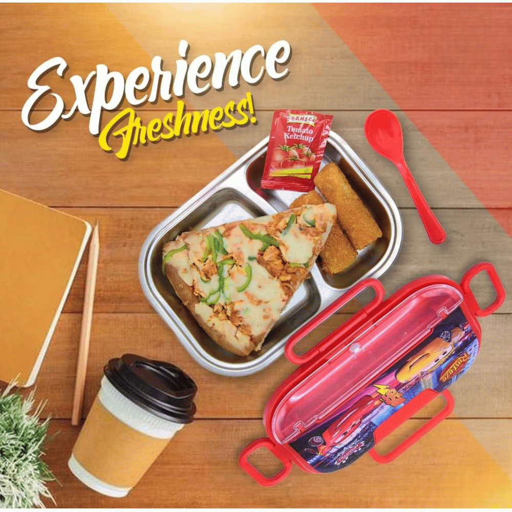 Lunch tray with pizza, chicken nuggets, and a drink on a wooden table with 'Experience Freshness!' text.