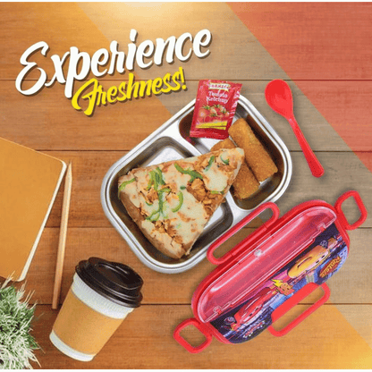 Lunch tray with pizza, chicken nuggets, and a drink on a wooden table with 'Experience Freshness!' text.