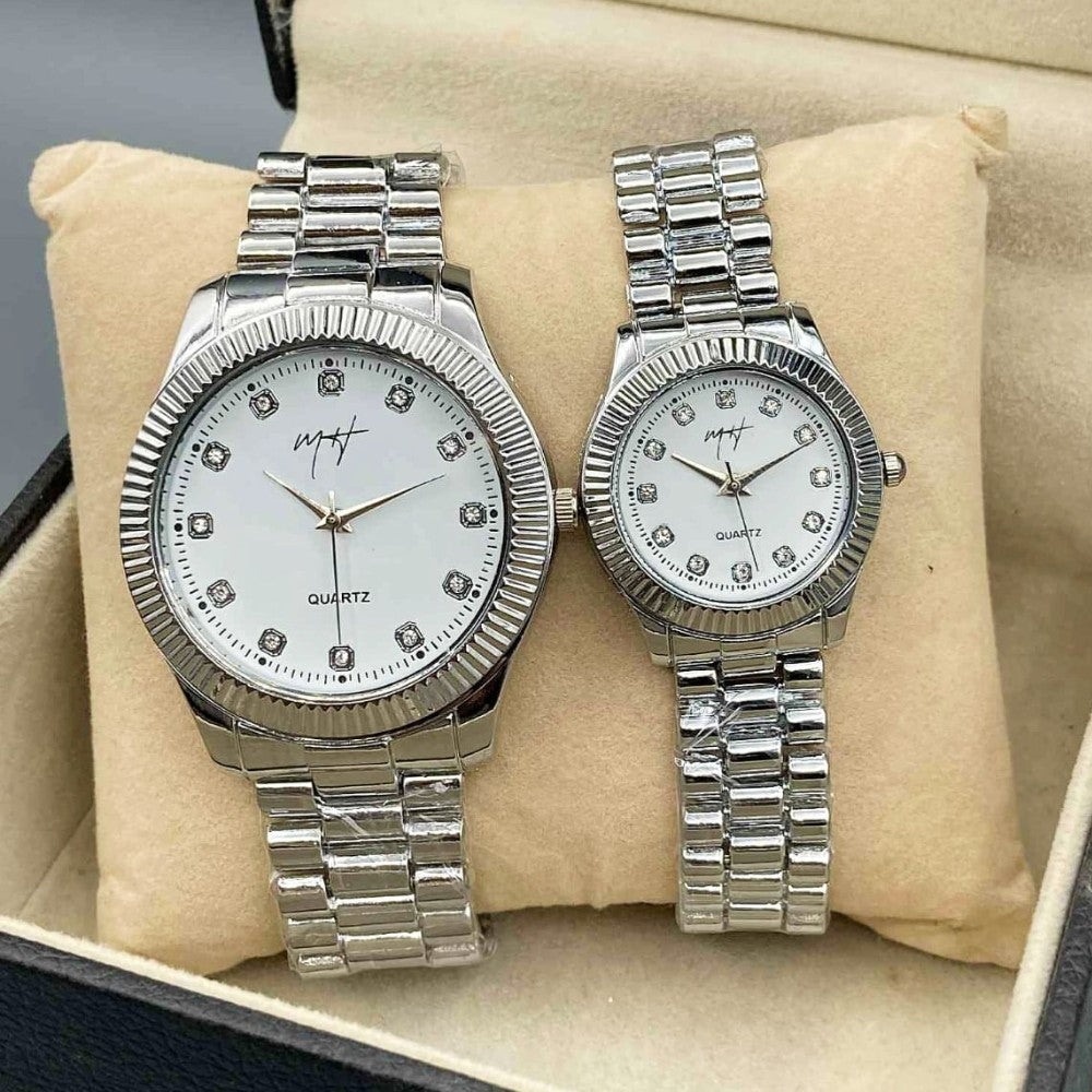 Silver Couple Pair Watch with Box for Him and Her