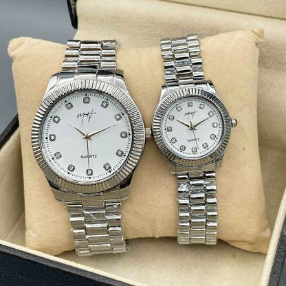 Silver Couple Pair Watch with Box for Him and Her