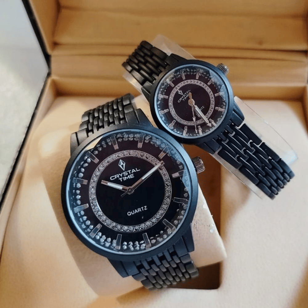 crystal couple watch set with black dial and black chain closeup view