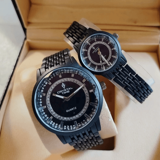 crystal couple watch set with black dial and black chain closeup view
