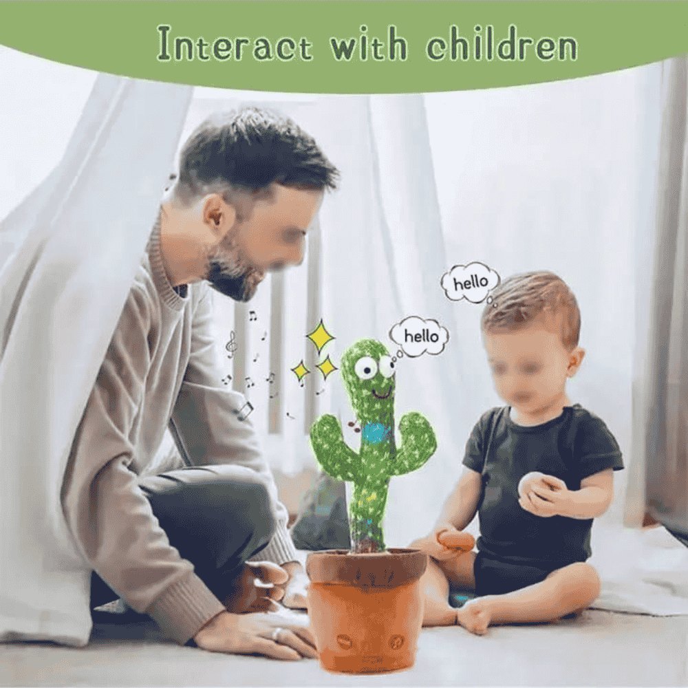 Dancing cactus toy interacting with baby