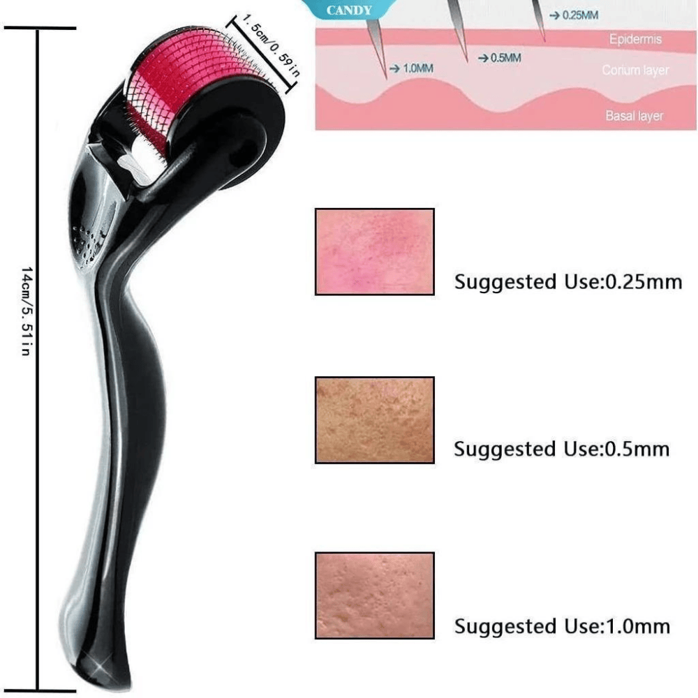 Size chart displaying dimensions of the derma roller.