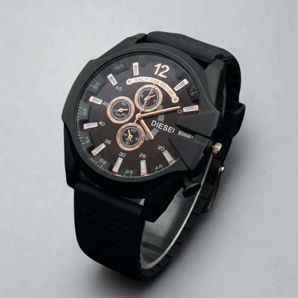 Black Diesel watch with detailed face on a light gray background