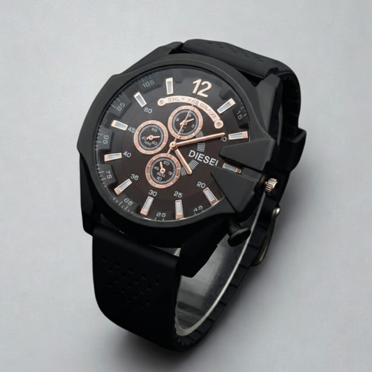 Black Diesel watch with detailed face on a light gray background