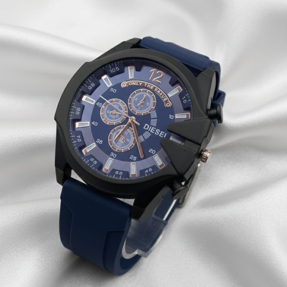 Blue Diesel watch with a detailed face on a white fabric background
