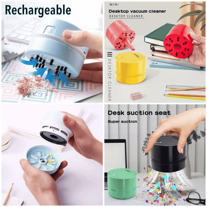 Collage of desk cleaning tools with text indicating rechargeable and desk suction seat features.