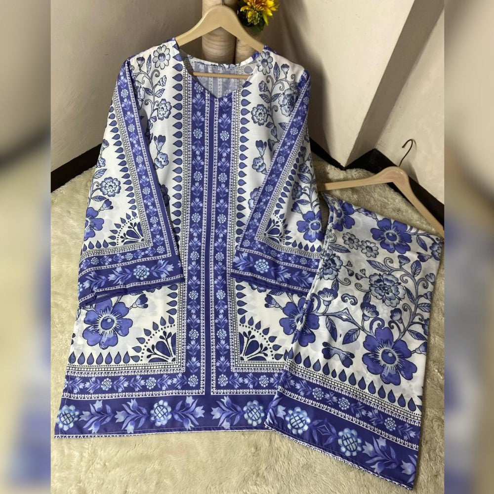 Blue and white floral patterned fabric on hangers against a neutral wall.