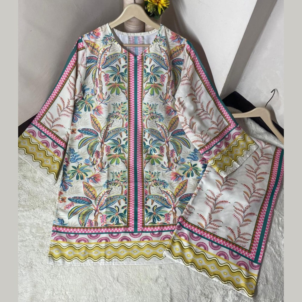 Colorful patterned jacket on a hanger against a neutral background