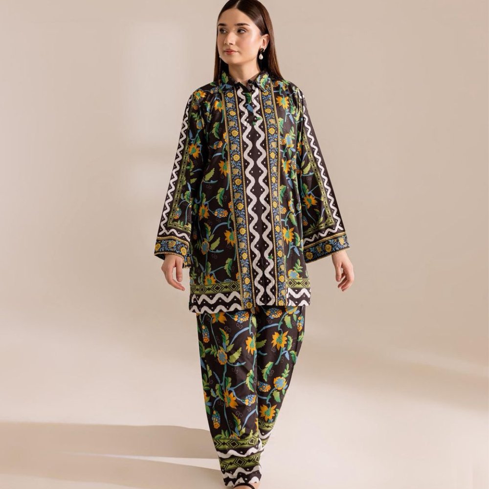 Woman wearing a floral patterned outfit on a beige background