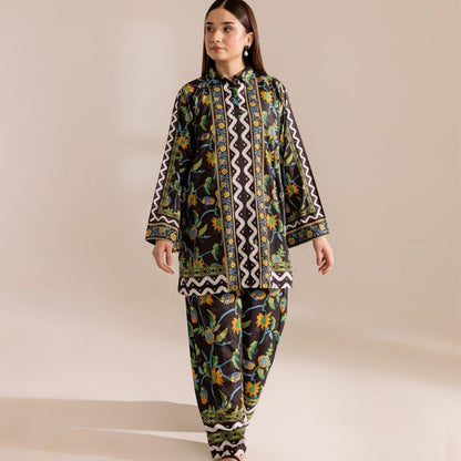 Woman wearing a floral patterned outfit on a beige background