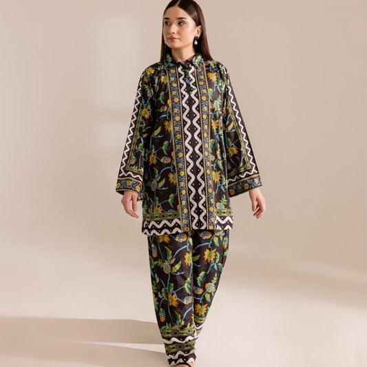 Woman wearing a floral patterned outfit on a beige background