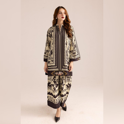 Woman wearing a patterned outfit on a beige background