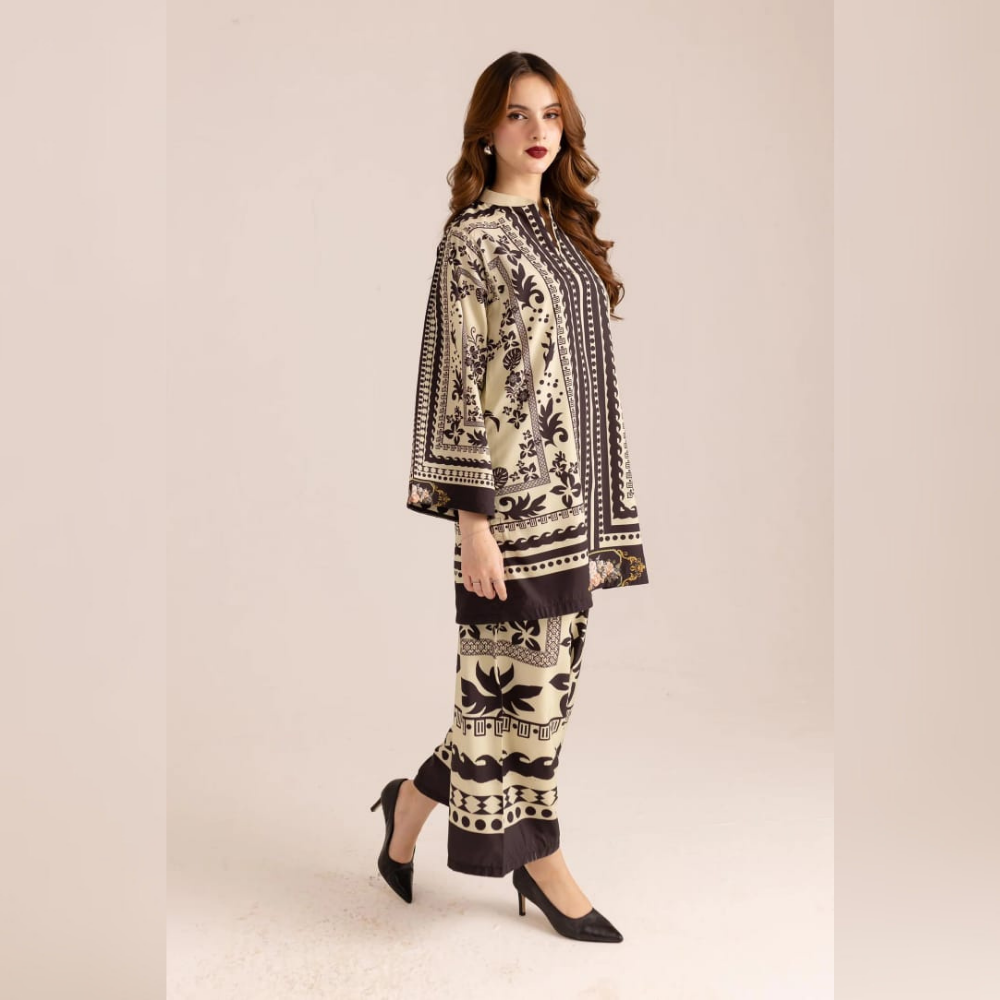 Woman wearing a patterned outfit on a beige background