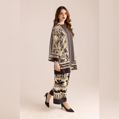 Woman wearing a patterned outfit on a beige background