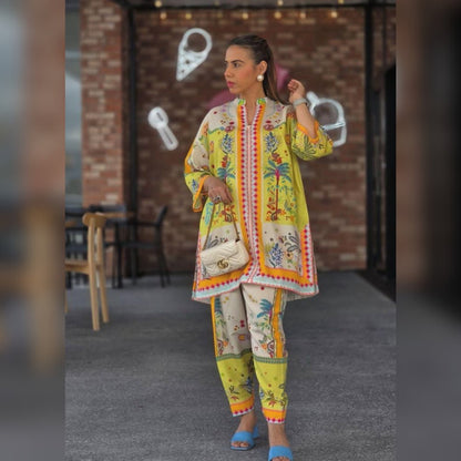 Woman in a colorful traditional outfit standing in front of a brick wall.