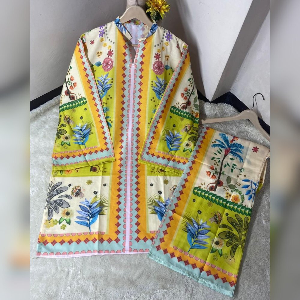 Colorful traditional outfit with floral patterns on a textured surface