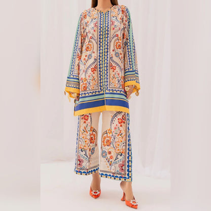 Colorful floral patterned outfit on a white background