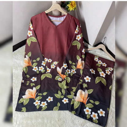 Floral and fox patterned outfit on hangers against a neutral background