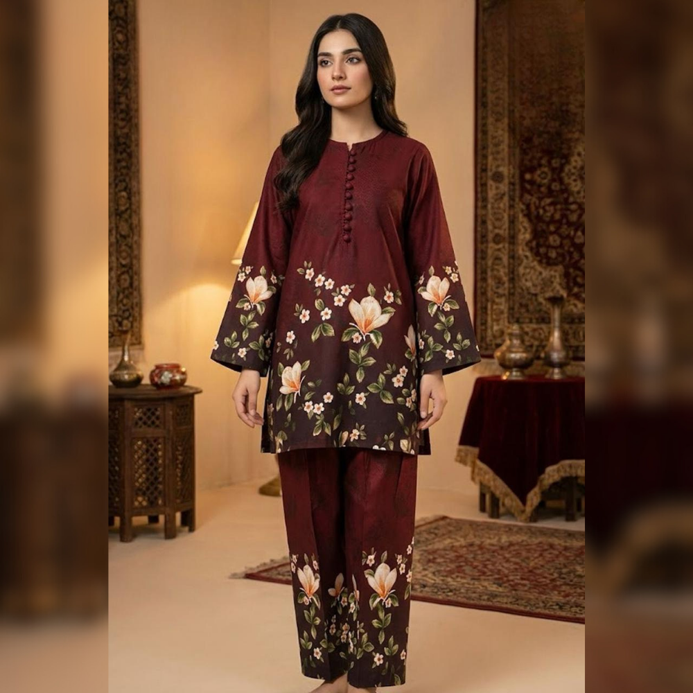 Woman wearing a maroon floral outfit in an ornate room.