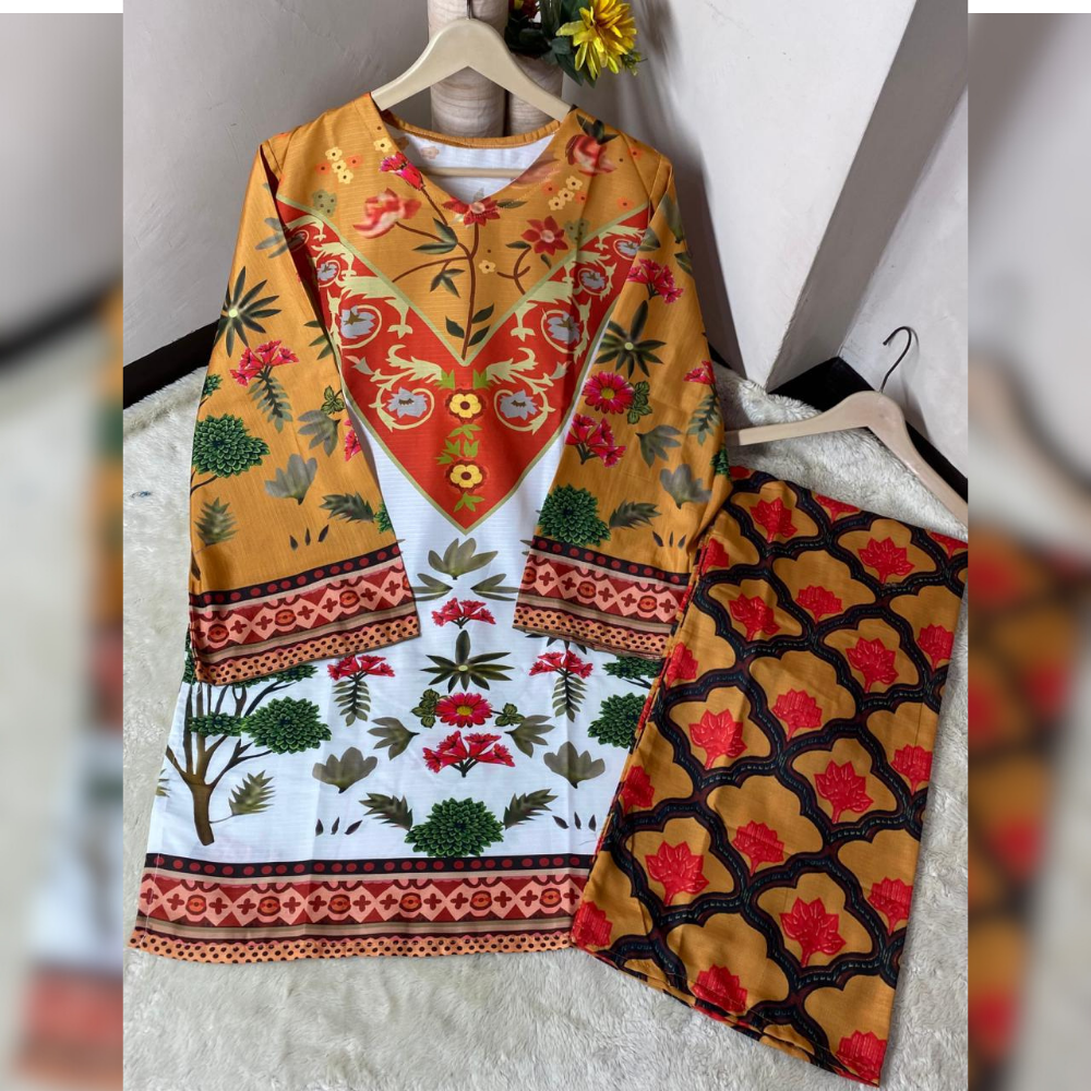 Traditional patterned outfit with a scarf on a hanger against a neutral background