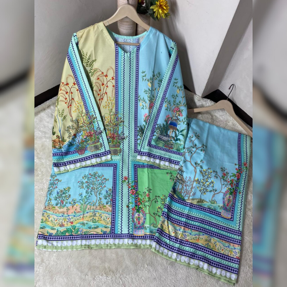 Colorful embroidered traditional outfit on a hanger against a neutral background