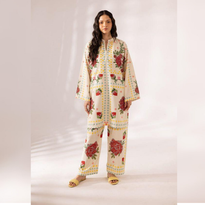 Woman wearing a floral outfit on a white background