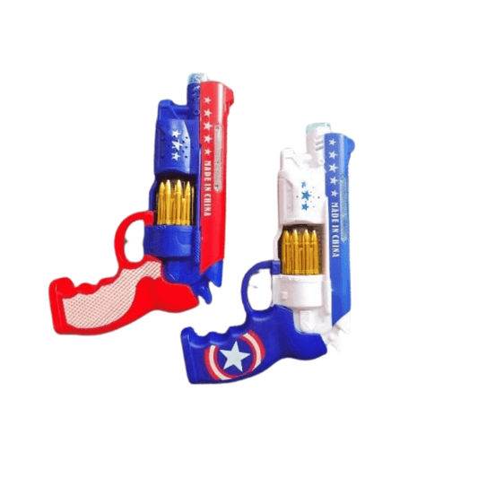 Top view showing both red and blue superhero-themed music toy guns