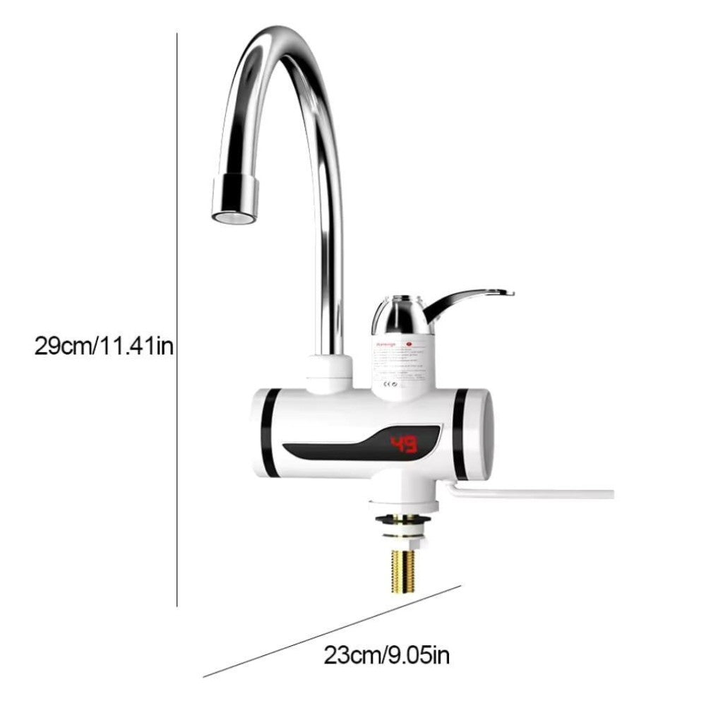 Electric water heater faucet with dimensions labeled on a white background