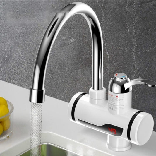 Chrome kitchen faucet with digital temperature display on a gray tiled wall background