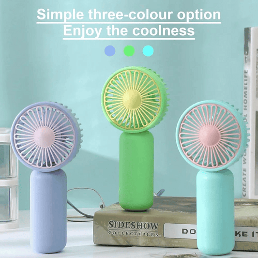 Three portable fans in purple, green, and blue on a surface with text about color options.