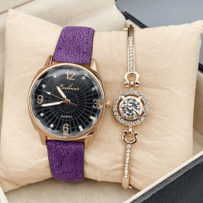 Close-up image showcasing the purple Evelinar watch paired with its matching bracelet.