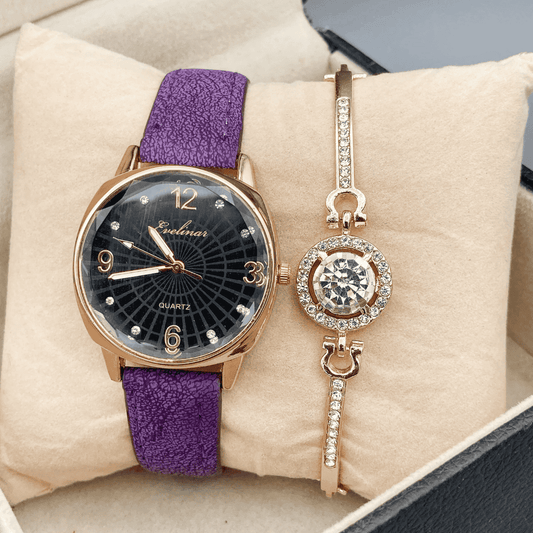 Close-up image showcasing the purple Evelinar watch paired with its matching bracelet.