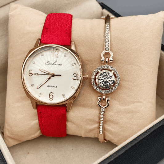 Front image showcasing the red Evelinar watch paired with its matching bracelet.