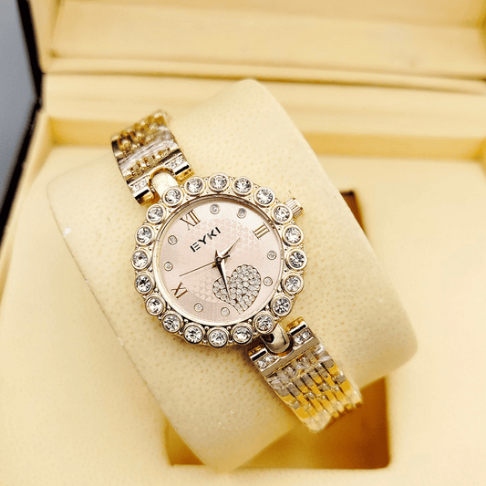 Close-up view of Eyki golden ladies jewellery watch
