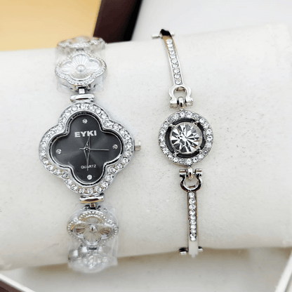 Main view of silver watch with black dial and bracelet set