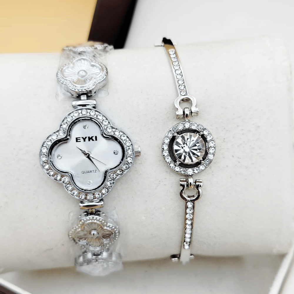 Close-up view of silver ladies watch with matching bracelet