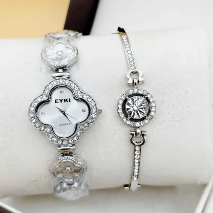 Close-up view of silver ladies watch with matching bracelet
