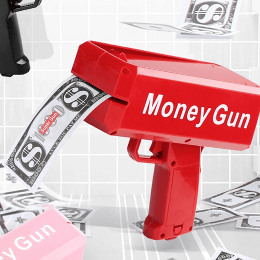 Close-up of toy currency included with the money gun