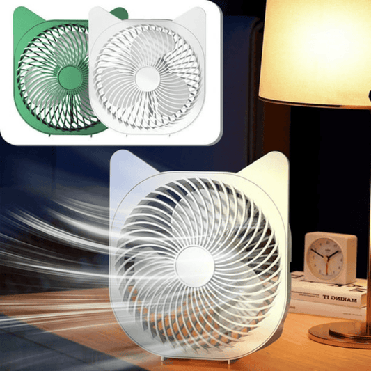 fan-front-look showing the small quiet desk fan in pastel color from front angle
