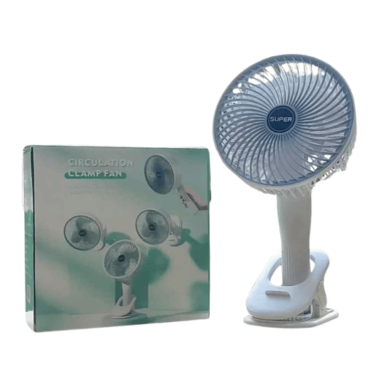 fan-with-boxpack showing the rechargeable fan with its packaging and accessories